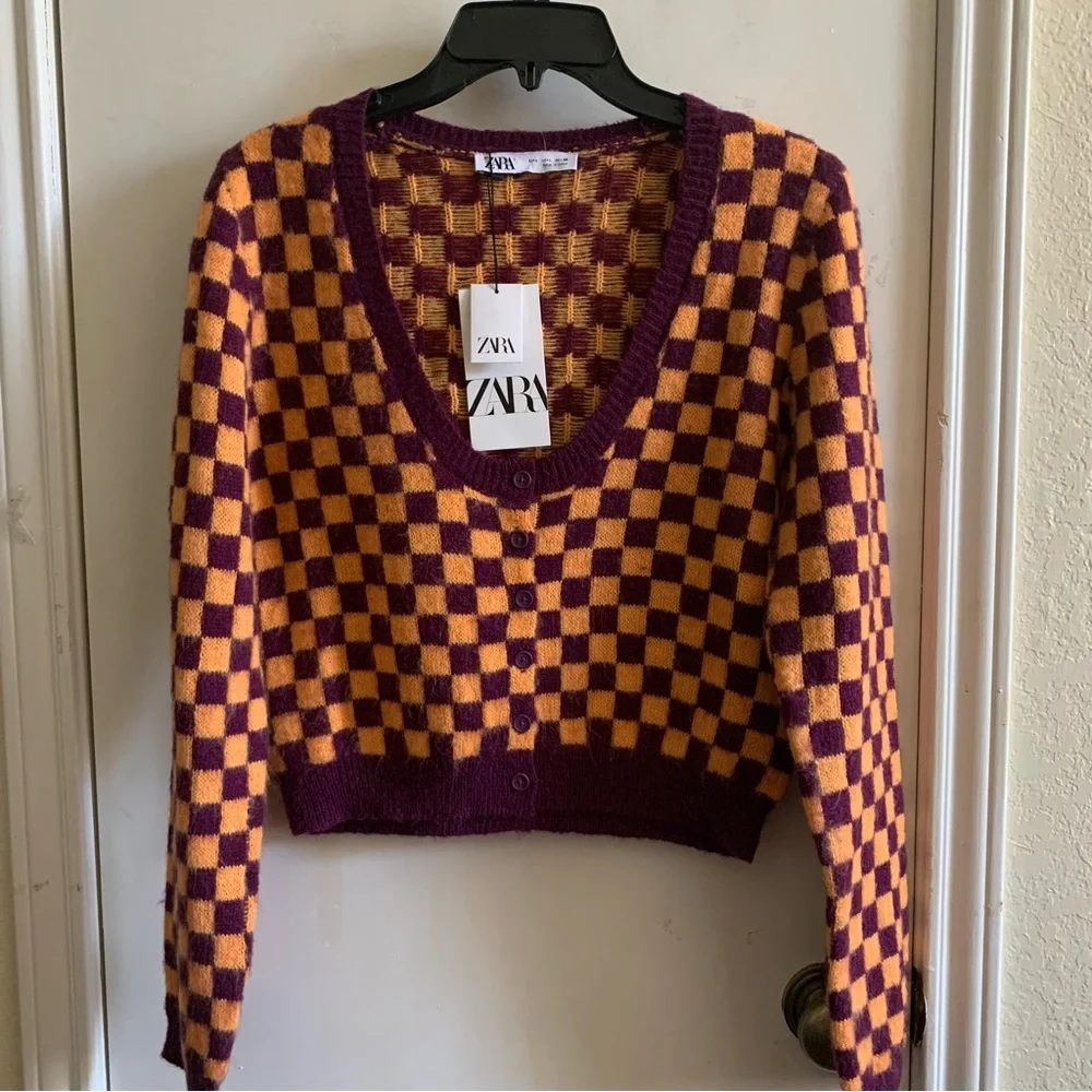 NWT Zara Jewel button plaid knit cardigan jacket, size L. - Picture 1 of 8